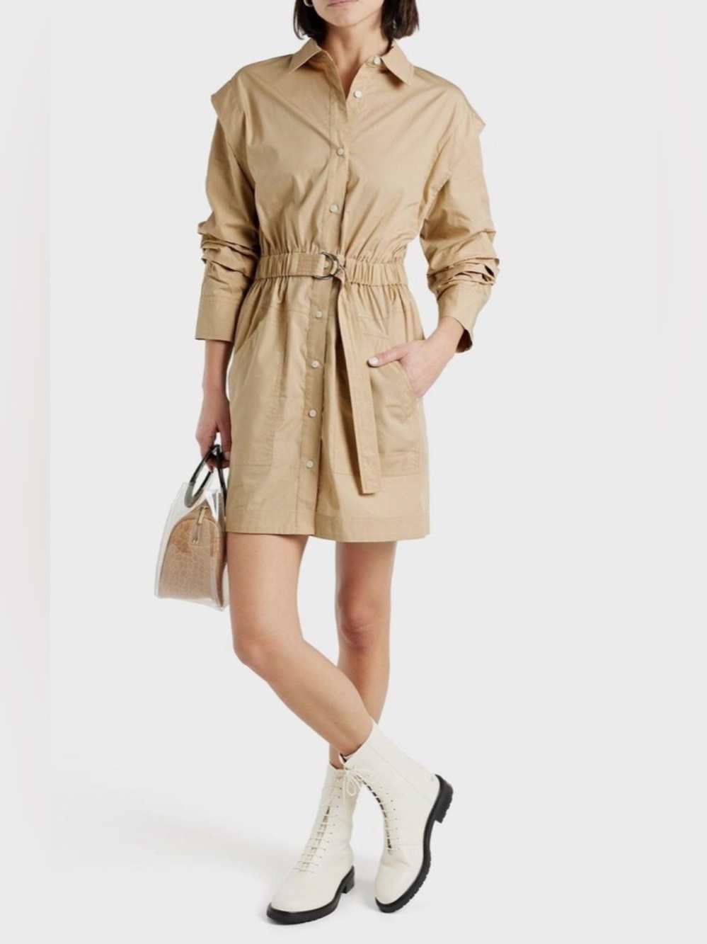 Derek Lam Crosby XS Belted Shirt Dress Khaki Architectural Ruched Cotton Neutral